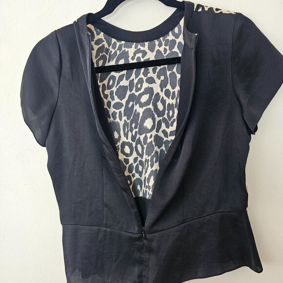 ASV Asava Black & Cheetah Print Satin Short Sleeve Back Zip Peplum Blouse 8 - Picture 3 of 7